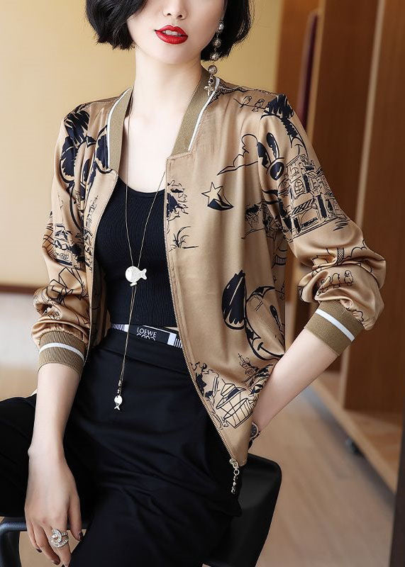 Boho Coffee Zippered Patchwork Print Silk Coats Spring