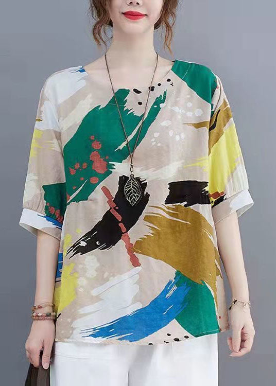 Boho Colorblock O Neck Patchwork Linen T Shirt Summer