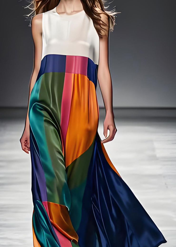 Boho Colorblock O Neck Patchwork Silk Maxi Dresses Sleeveless