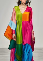 Boho Colorblock V Neck Patchwork Silk Long Dress Summer