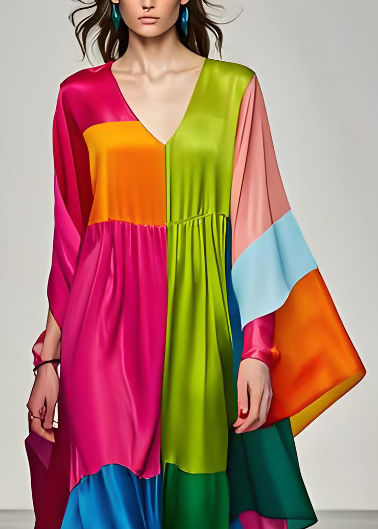 Boho Colorblock V Neck Patchwork Silk Long Dress Summer