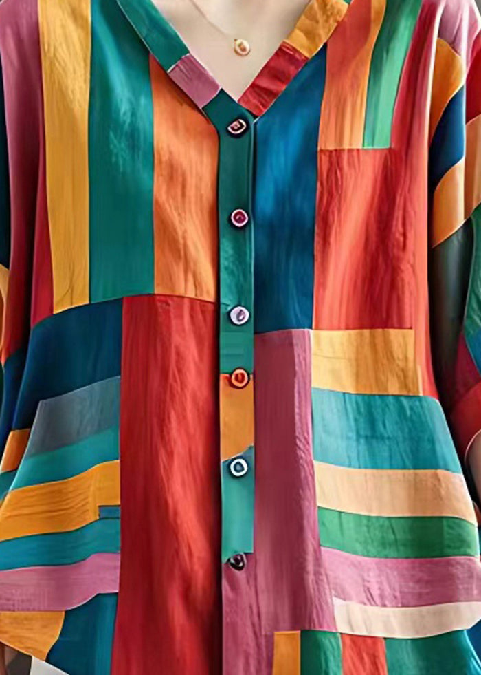 Boho Colorblock V Neck Striped Linen Blouse Top Summer