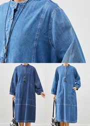 Boho Dark Blue Oversized Patchwork Cotton Vacation Dresses Fall