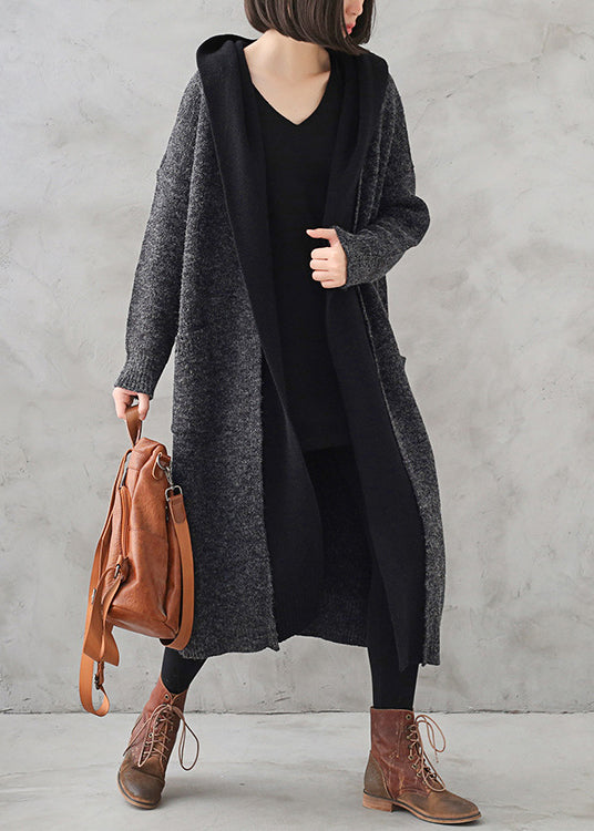 Boho Dark Grey Wool Patchwork Knit Hooded Maxi Trench Coats Fall