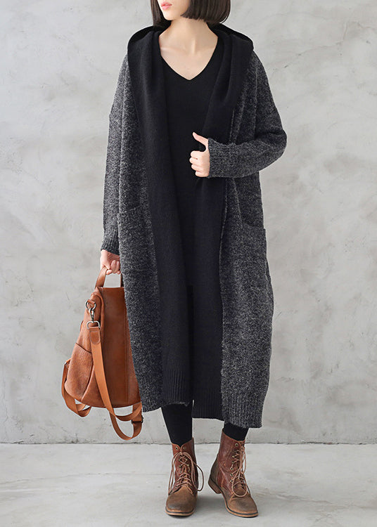 Boho Dark Grey Wool Patchwork Knit Hooded Maxi Trench Coats Fall