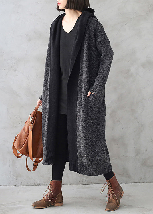 Boho Dark Grey Wool Patchwork Knit Hooded Maxi Trench Coats Fall