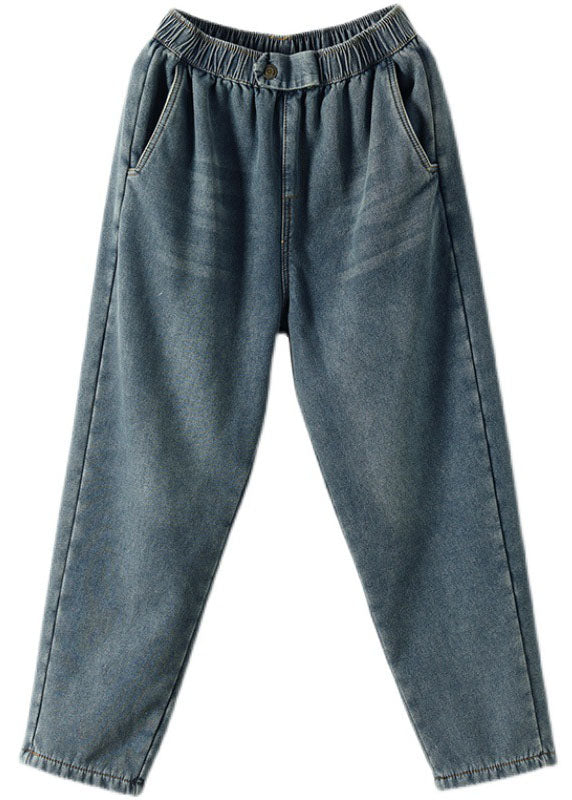 Boho Denim Blue Elastic Waist Pockets Thick Warm Fleece Harem Pants Winter