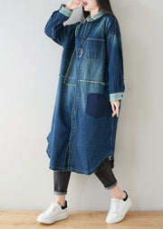 Boho Denim Blue Peter Pan Collar Patchwork Oversized Cotton Trench Spring