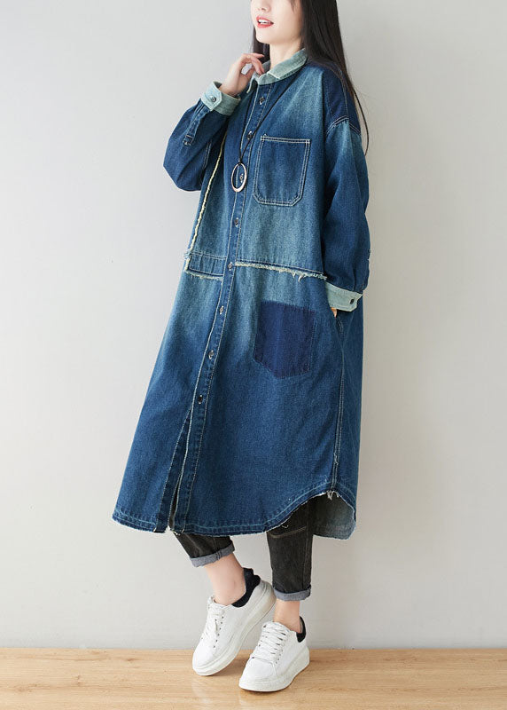 Boho Denim Blue Peter Pan Collar Patchwork Oversized Cotton Trench Spring