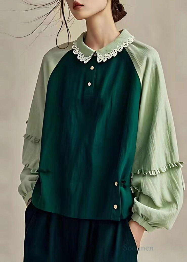 Boho Dull Green Oversized Patchwork Linen Shirts Spring
