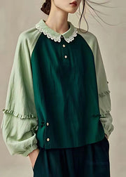 Boho Dull Green Oversized Patchwork Linen Shirts Spring