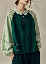 Boho Dull Green Oversized Patchwork Linen Shirts Spring