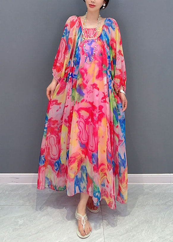 Boho Floral Wrinkled Lace Up Patchwork Chiffon Long Dress Summer