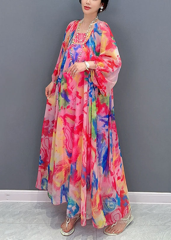 Boho Floral Wrinkled Lace Up Patchwork Chiffon Long Dress Summer