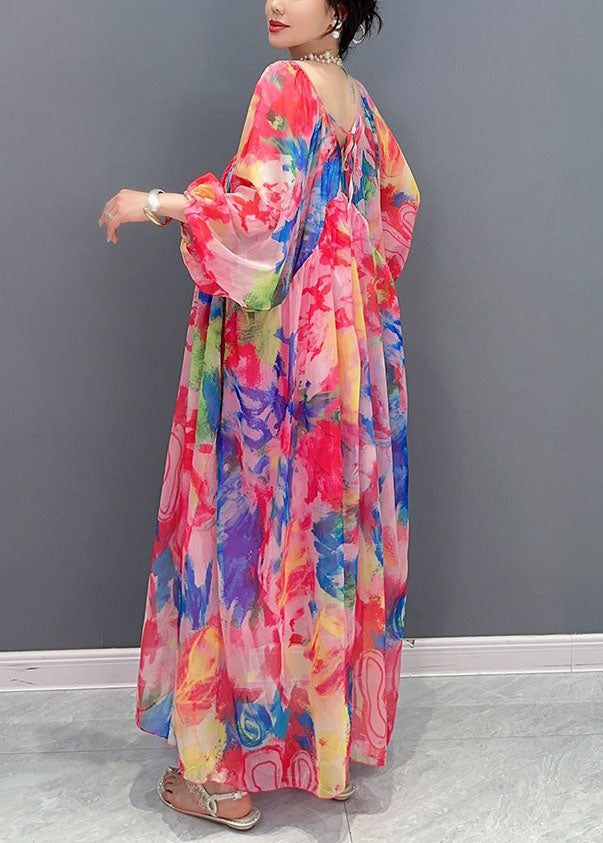 Boho Floral Wrinkled Lace Up Patchwork Chiffon Long Dress Summer