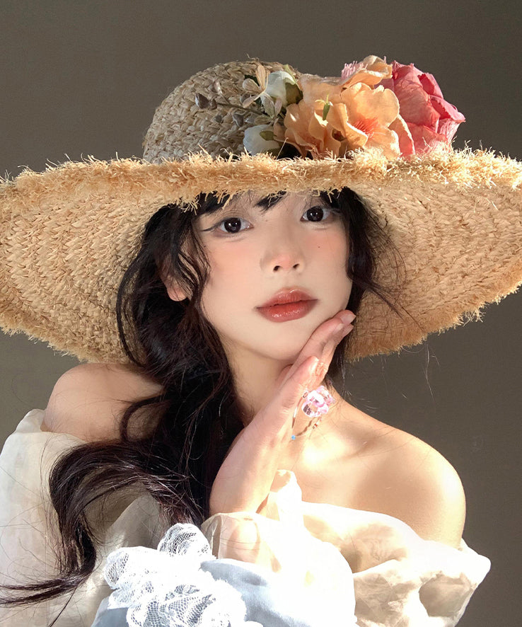 Boho Flower Brim Seaside Vacation Straw Woven Floppy Sun Hat