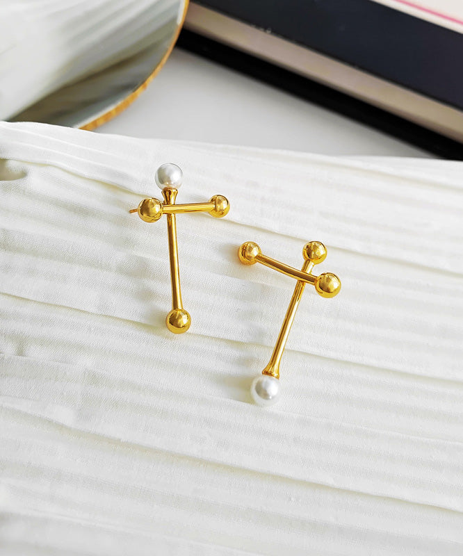 Boho Gold Copper Overgild Asymmtricar Cross Glass Pearl Stud Earrings