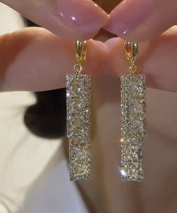 Boho Gold Overgild Zircon Rectangle Tassel Drop Earrings