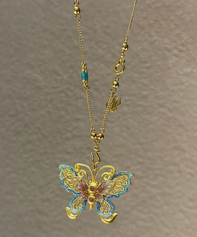 Boho Gold Sterling Silver Overgild Butterfly Hollow Out Pendant Necklace