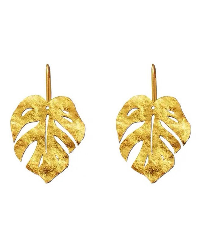 Boho Gold Sterling Silver Overgild Frosting Leaf Drop Earrings