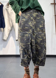 Boho Green Elastic Waist Embroideried Camouflage Cotton Harem Pants Fall