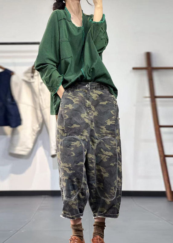 Boho Green Elastic Waist Embroideried Camouflage Cotton Harem Pants Fall