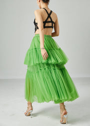 Boho Green Elastic Waist Patchwork Wrinkled Tulle Skirts Summer