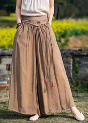 Boho Green Embroideried Pockets Tasseled Patchwork Silk Wide Leg Pants Summer