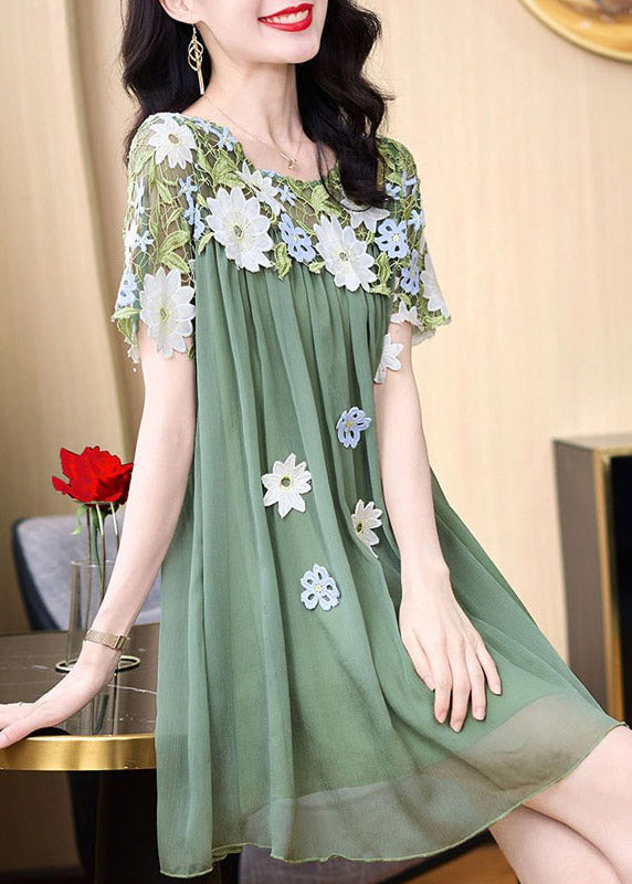 Boho Green O-Neck Embroideried Patchwork Tulle Mid Dresses Short Sleeve