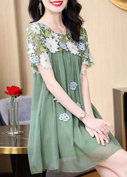 Boho Green O-Neck Embroideried Patchwork Tulle Mid Dresses Short Sleeve