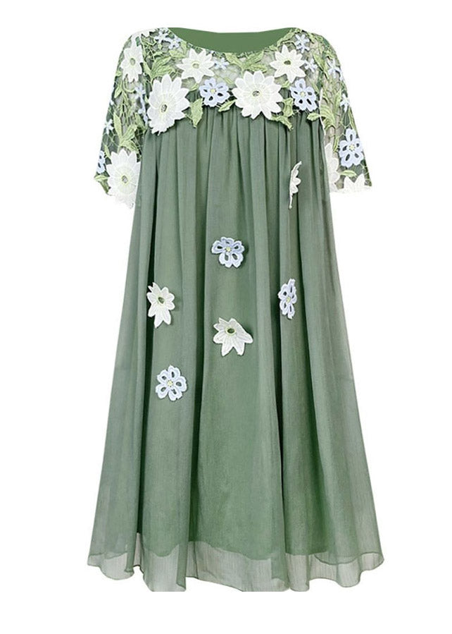 Boho Green O-Neck Embroideried Patchwork Tulle Mid Dresses Short Sleeve