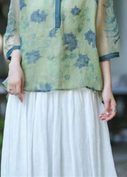 Boho Green O Neck Organza Embroideried Patchwork Linen Top Summer