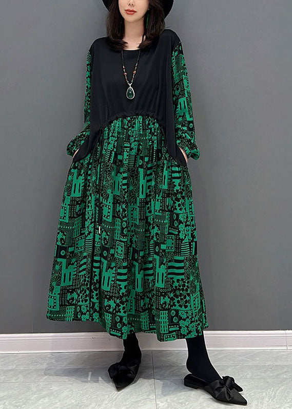 Boho Green O-Neck Patchwork Drawstring Cotton Maxi Dresses Fall