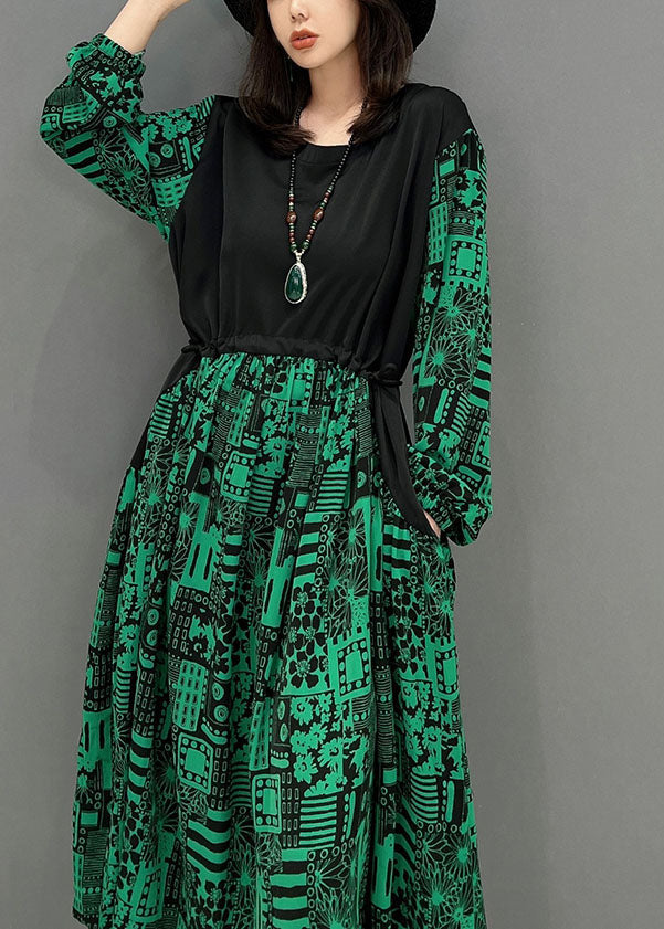 Boho Green O-Neck Patchwork Drawstring Cotton Maxi Dresses Fall