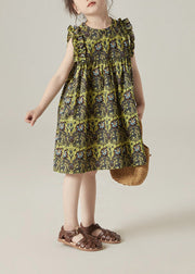 Boho Green O-Neck Print Ruffled Wrinkled Cotton Girls Mid Dress Sleeveless