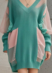 Boho Green Oversized Patchwork Tulle Long Sweater Fall