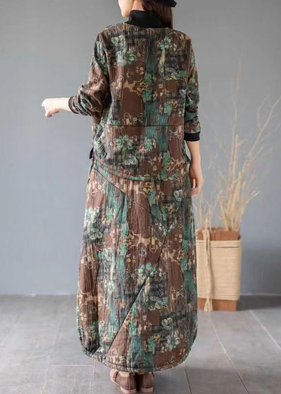 Boho Green Print Pockets Tops And Skirts Cotton Two Piece Set Fall