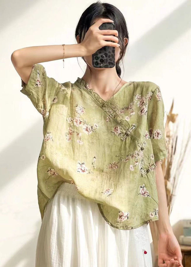 Boho Green Ruffled Button Print Patchwork Linen Top Summer