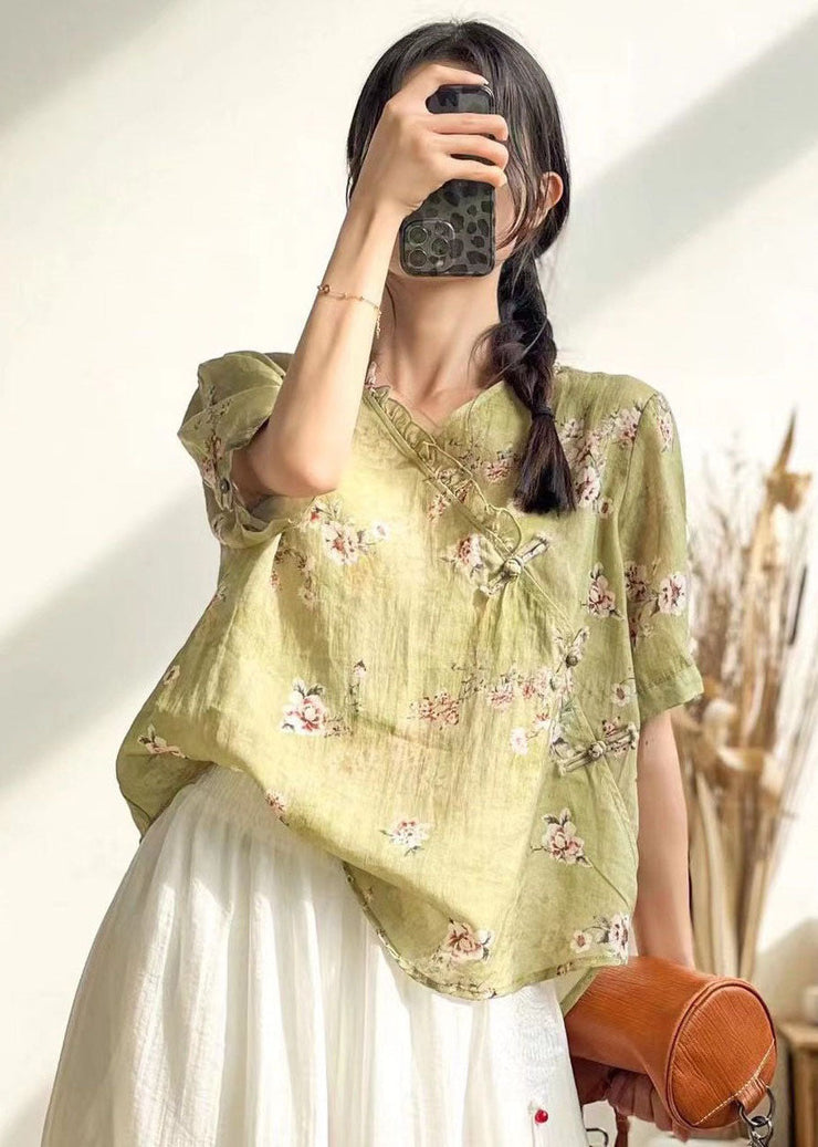 Boho Green Ruffled Button Print Patchwork Linen Top Summer