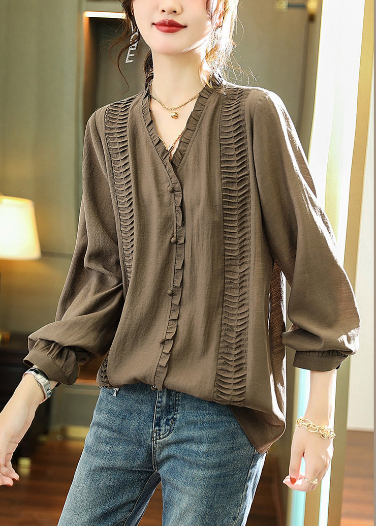 Boho Green Ruffled Patchwork Button Chiffo Shirts Long Sleeve