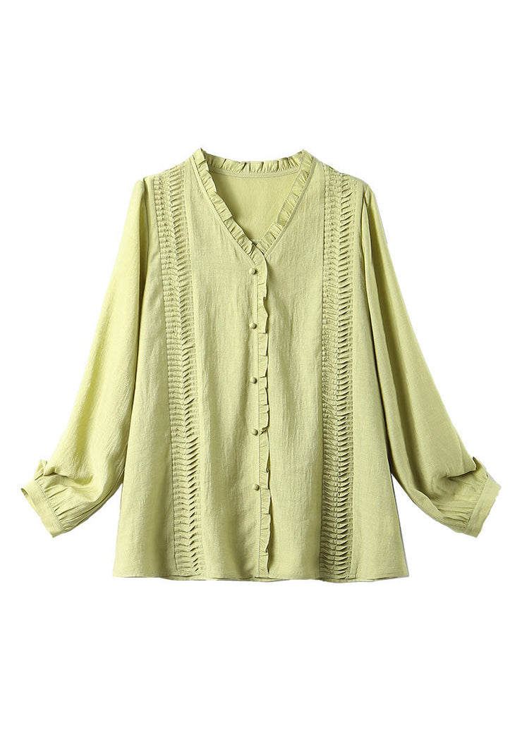 Boho Green Ruffled Patchwork Button Chiffo Shirts Long Sleeve