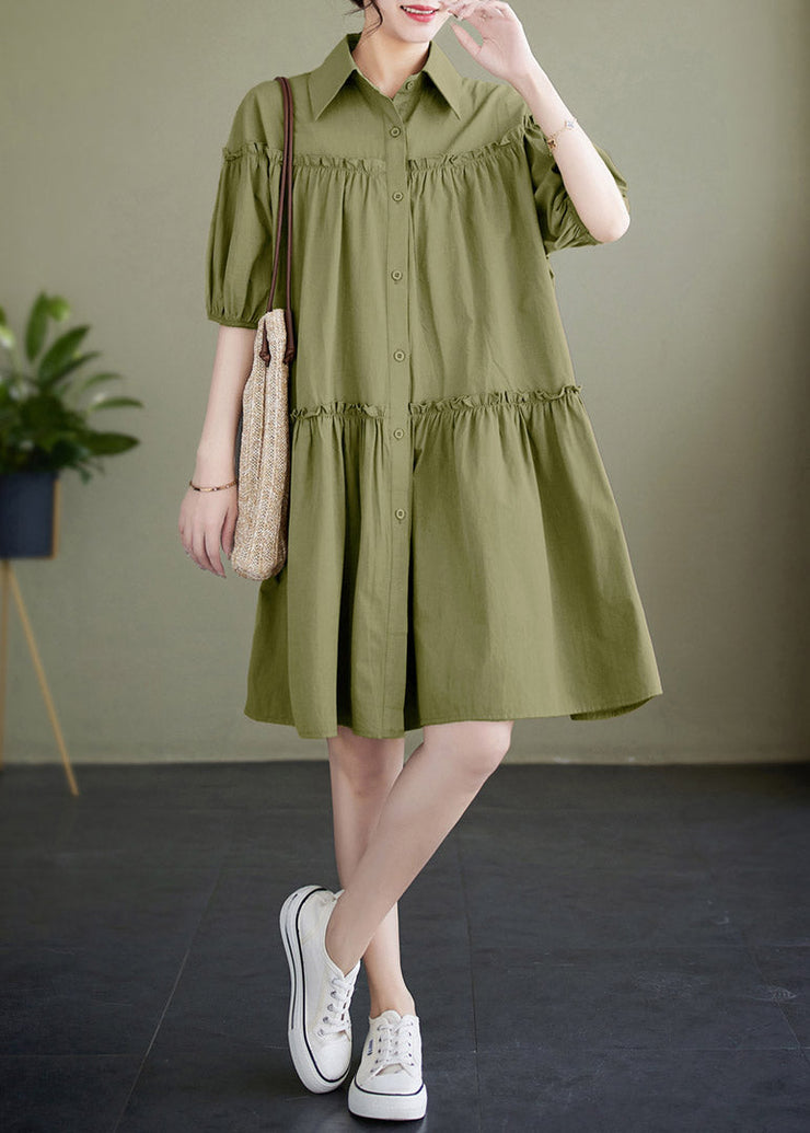 Boho Green Ruffled Patchwork Wrinkled Solid Cotton Mid Dress Summer