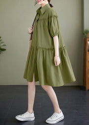 Boho Green Ruffled Patchwork Wrinkled Solid Cotton Mid Dress Summer