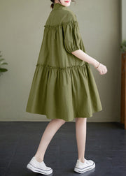 Boho Green Ruffled Patchwork Wrinkled Solid Cotton Mid Dress Summer