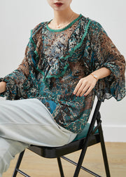 Boho Green Ruffled Print Chiffon Tops Lantern Sleeve