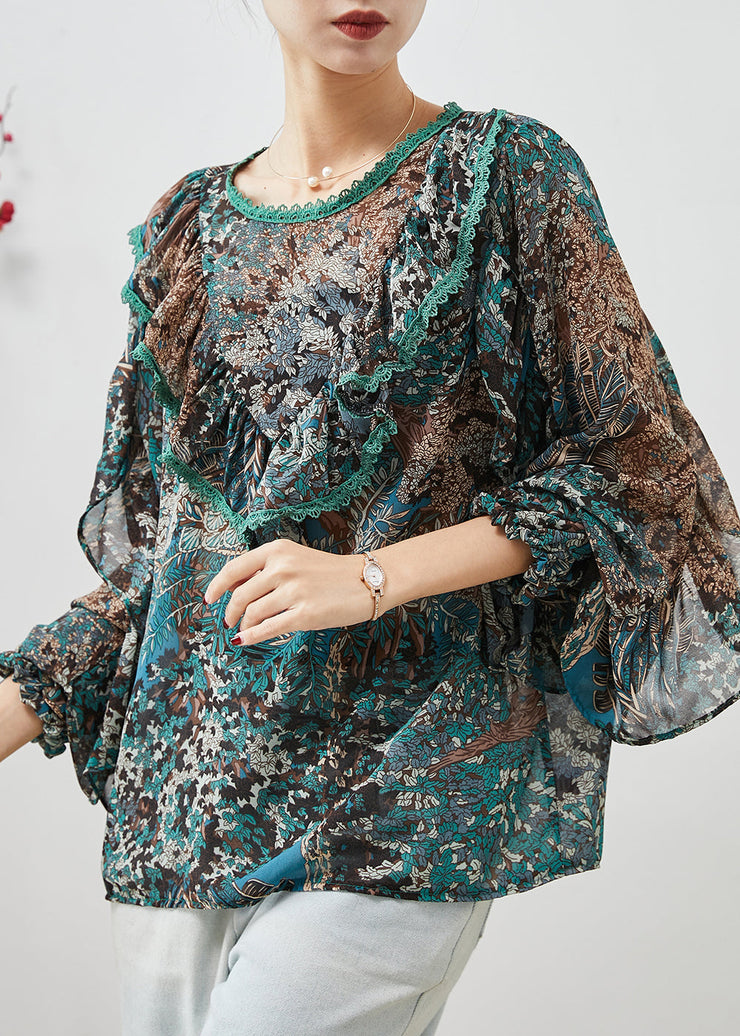 Boho Green Ruffled Print Chiffon Tops Lantern Sleeve