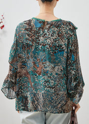 Boho Green Ruffled Print Chiffon Tops Lantern Sleeve