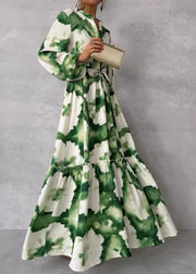 Boho Green Ruffled Print Cotton Ankle Dress Lantern Sleeve