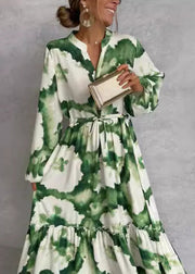 Boho Green Ruffled Print Cotton Ankle Dress Lantern Sleeve