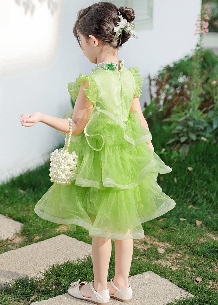 Boho Green Sequins Chinese Button Tulle Kids Girls Dresses Butterfly Sleeve